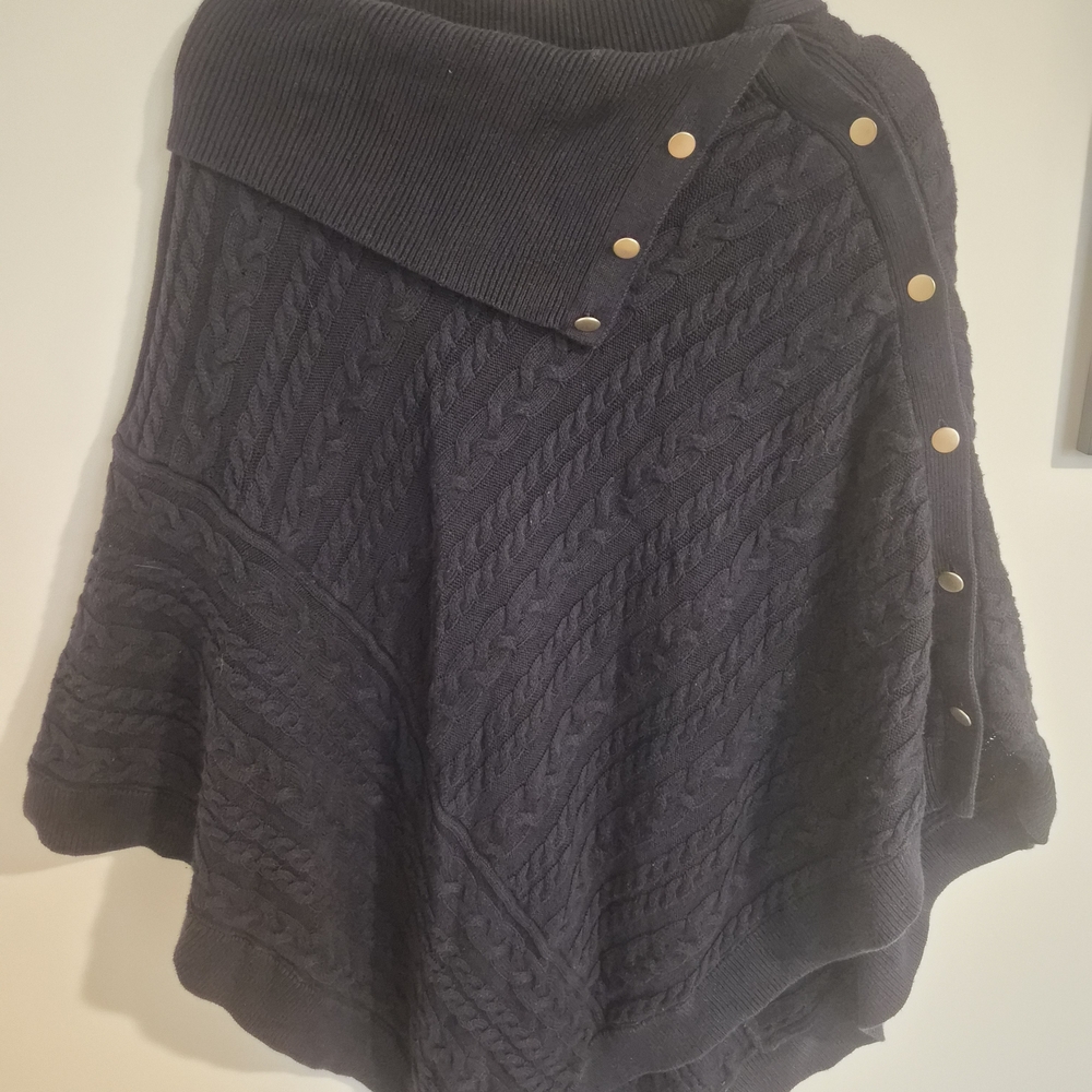 Talbots Navy Cable-Knit Button-Shoulder Poncho